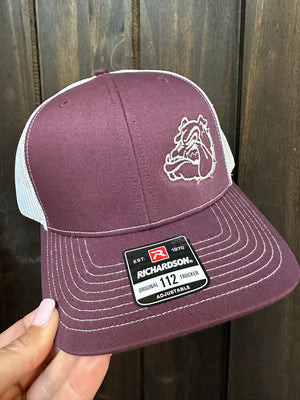 "White Bulldog Head; Side" Maroon & White Hat (R112)