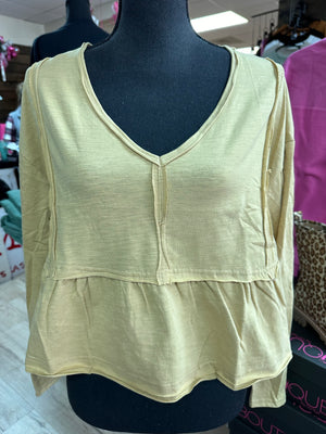 "Taupe V-Neck Crop; Reversed Stitched" Long Sleeve Top