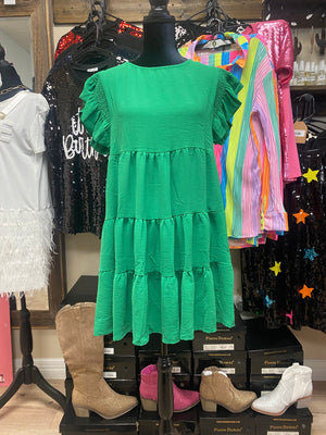 "Green Ruffled Sleeve" Tiered Woven Dress
