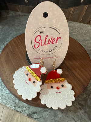 Glossy Acrylic Earrings- "Curly Beard Santa" Gold Glitter