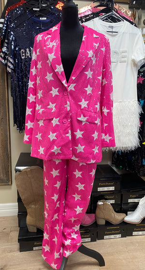 "Hot Pink Star Sequin" Blazer W/ Pants 2-Piece Set