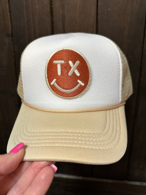 "TX Smiley Face; Burnt Orange" Tan & White Puffer Hat