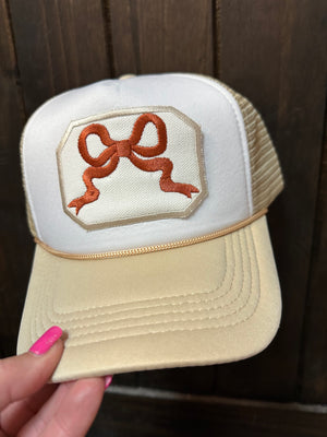 "Girly Bow; Burnt Orange" Tan & White Puffer Hat