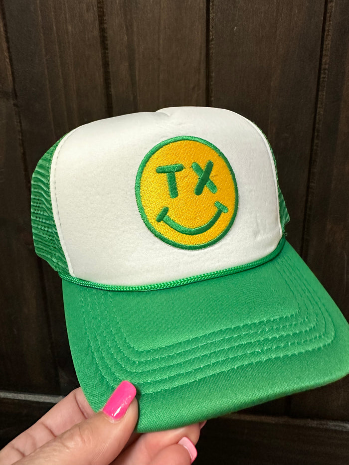 "TX Smiley Face; Green & Yellow" Green & White Puffer Hat