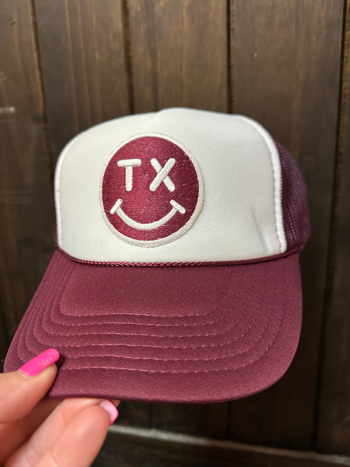 "TX Smiley Face; Maroon & White" Maroon & White Puffer Hat