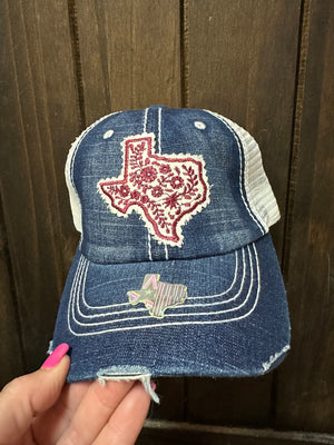 "Floral Texas; Maroon" Denim Hat