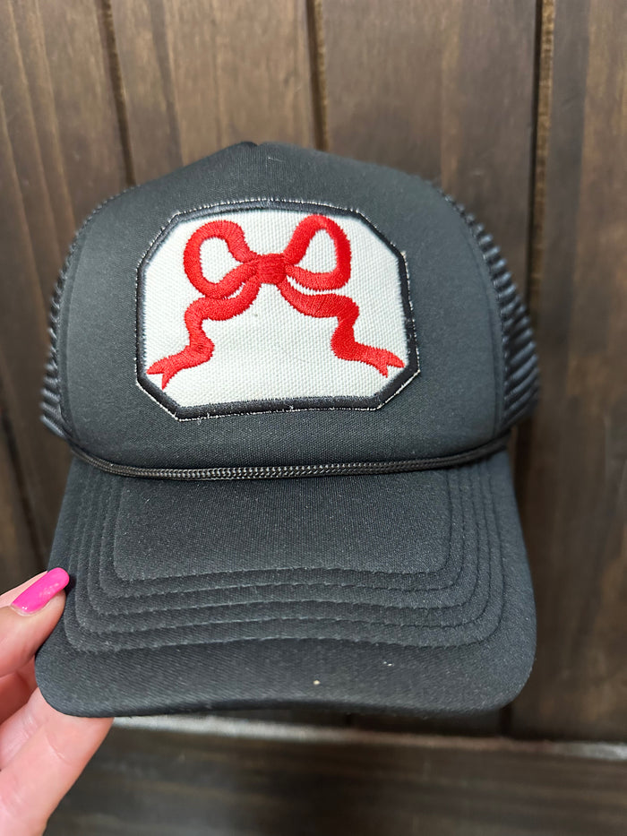 "Girly Bow; Red & White" Black Puffer Hat