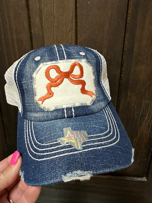 "Girly Bow; Orange & White" Blue Denim Hat