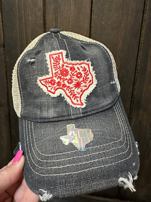 "Floral Texas; Red" Denim Hat