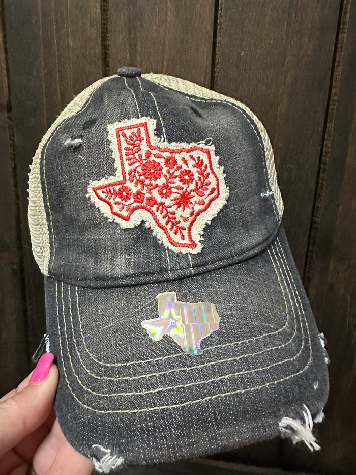 "Floral Texas; Red" Denim Hat