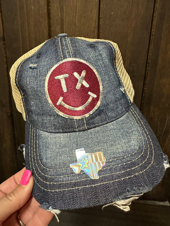 "TX Smiley Face; Maroon & Grey" Blue Denim Hat