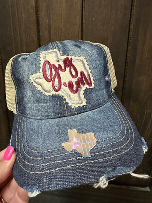 "Gig Em; Texas" Blue Denim Hat