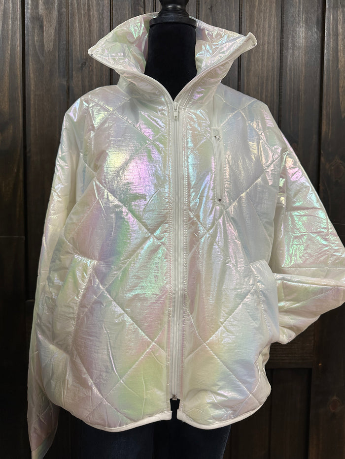 "Quilted White Iridescent " Puffy Zip Up Jacket