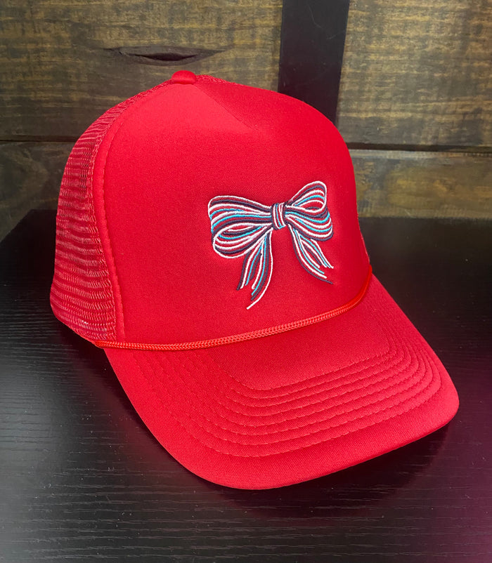 "USA Bow Embroidery" Red Puffy Hat