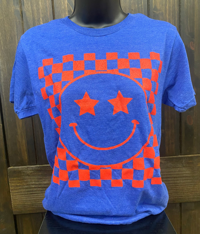 "Star Smiley Face" Checkered Tee