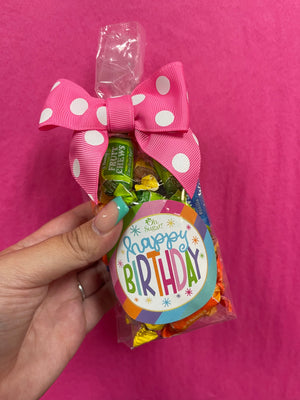 "Oh Sugar Candy" Bags- "Happy Birthday" Tootsie Roll Fruit Chews: Pink Polka Dots