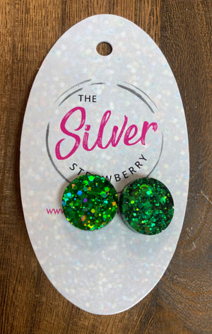 Glossy Acrylic- Dark Green Confetti Glitter Studs