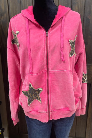 "Hot Pink; Cheetah Star" Zip Up Hoodie Jacket