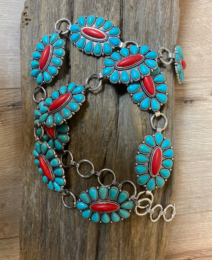 Turquoise & Red Stone Concho Belt