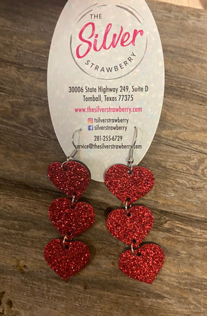 Glamour Glitter Earrings- Red Glitter Triple Hearts