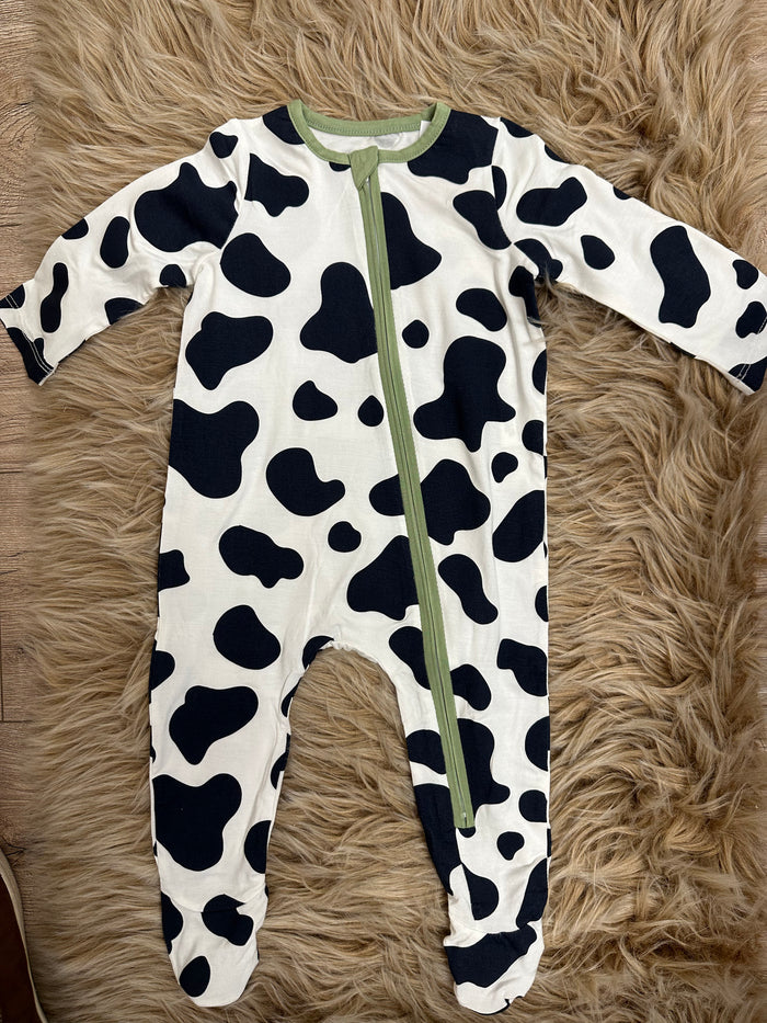 Mud Pie Collection- Green & Cow Print Pajama Zipper Footies