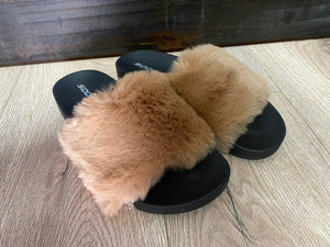 Soda Slide Shoes- Brown Faux Fur