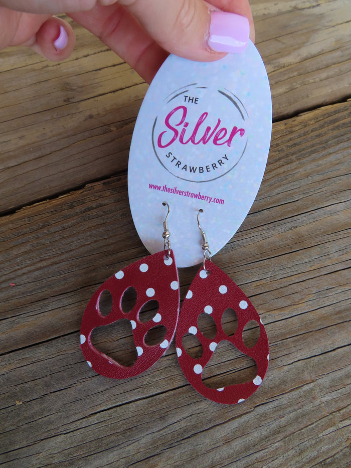 Light As A Feather Earring- Maroon & White Polk Dot Paws