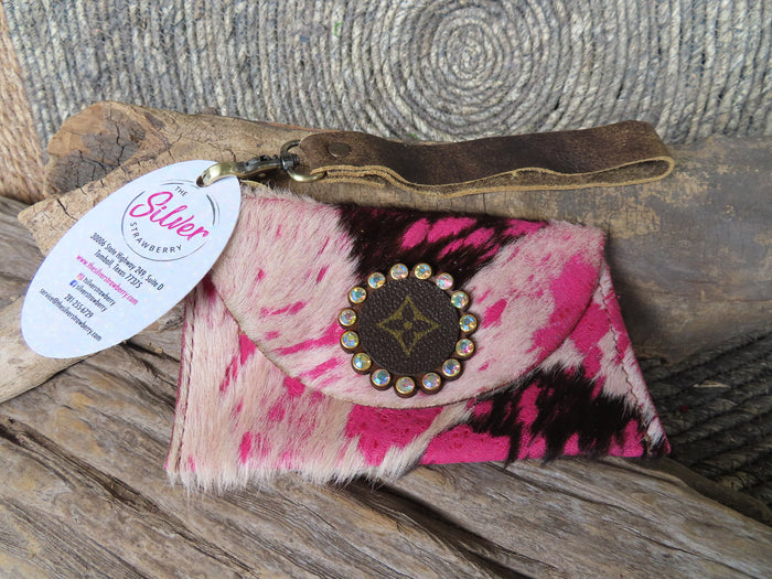 Revamped Small Wallet Wristlet- Pink & Black Cowhide
