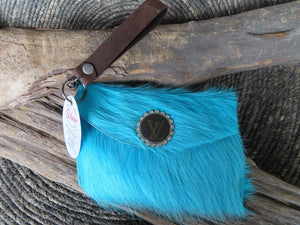 Revamped Large Wallet Wristlet- Turquoise Furry Cowhide