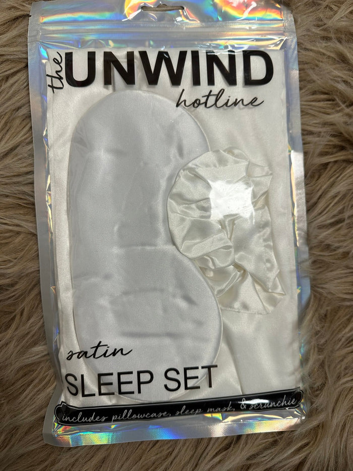 Sleep Satin Sets; Pillowcase, Scrunchie, Eye Mask- White