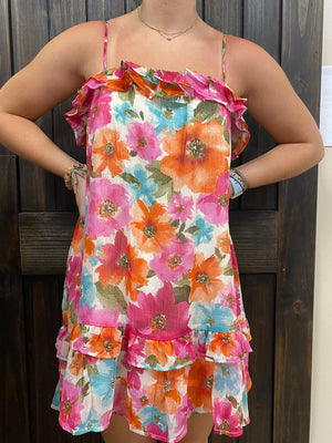 Coral & Turquoise Ruffle Floral Sundress