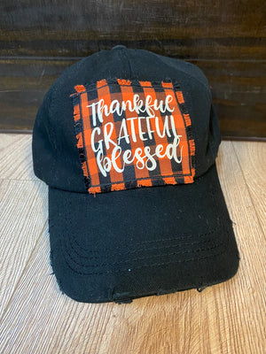 "Thankful, Grateful, Blessed" Orange Plaid Patch Hat
