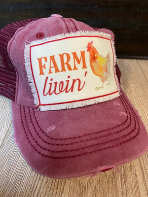 "Farm Livin'" Red Denim Hat
