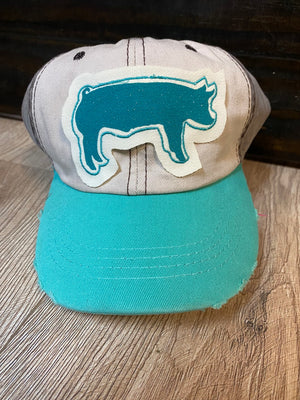 Kids Hat- Turquoise Pig Patch