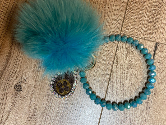 Revamped Key Ring- Turquoise Beads w/ Puff Ball