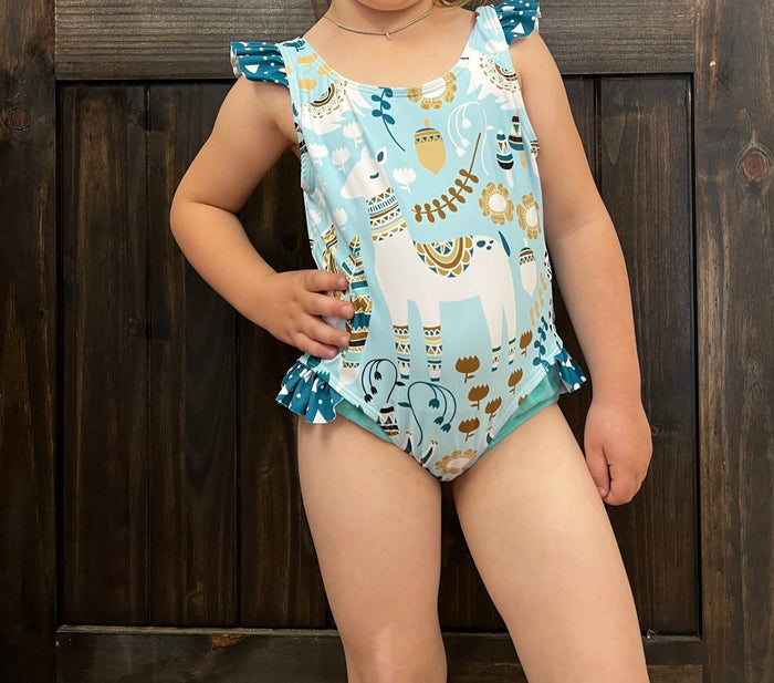 Girl Kids Swimsuit- Llama Ruffle Sleeve One Piece