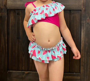 Girl Kids Swimsuit- Fuchsia Watermelon Ruffle 2-Piece
