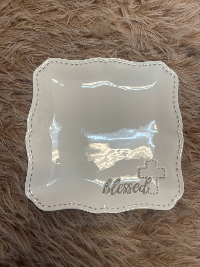 Kitchen Serving Dishes- "Blessed" White & Grey