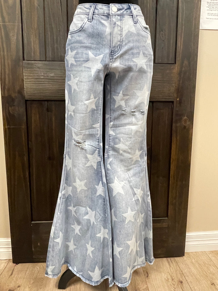 "Star Distressed" Washed Denim Bell Bottom Jeans