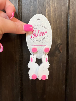 Glossy Acrylic Earrings- Pink & White "Bunny"