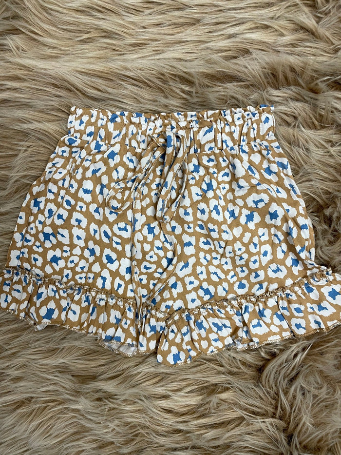 Shorts- Brown & Blue Leopard Ruffle