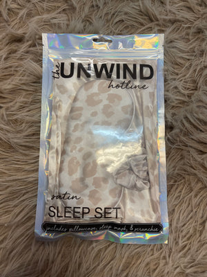 Sleep Satin Sets; Pillowcase, Scrunchie, Eye Mask- Cream Cheetah