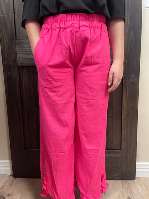 Casual Comfy Pants- Hot Pink Linen Ruffle