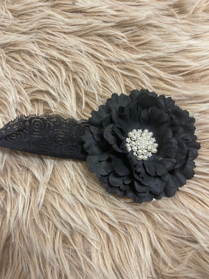 Flower Pearl Lace Headband- Black