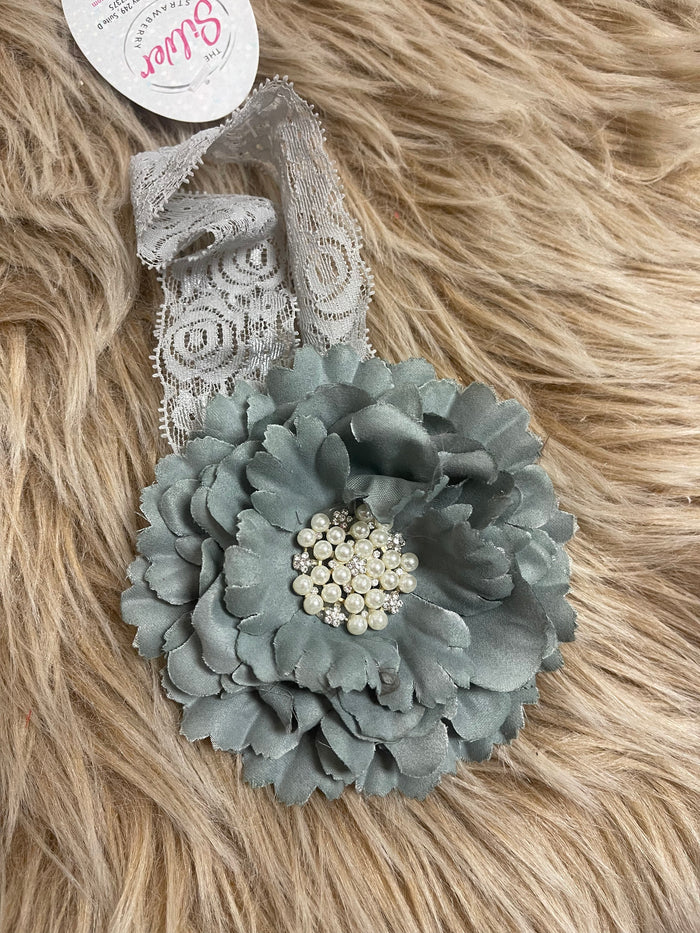 Flower Pearl Lace Headband- Grey