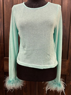 Mint Feather Knitted Sleeve Top