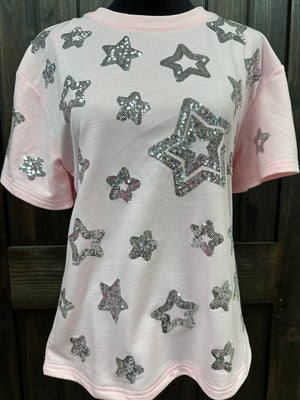 "Silver Stars" Pink Sequence Top