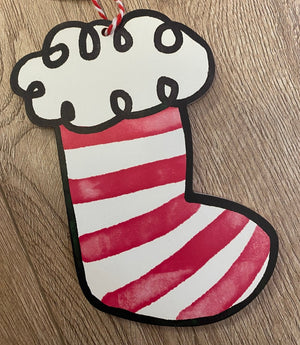Christmas Ornaments- Wooden "Red & White Stripe Stocking"