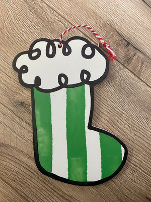 Christmas Ornaments- Wooden "Green & White Stripe Stocking"
