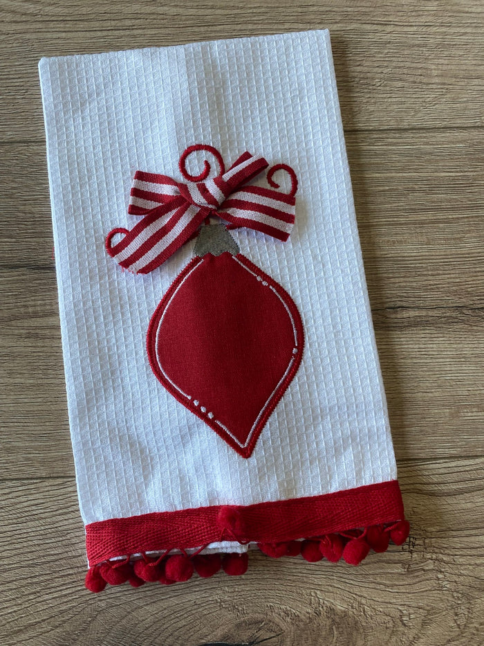 Christmas Kitchen Towels- Monogram-Able Red Ornament